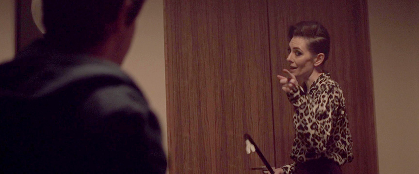 Adrienne Wilkinson as Josephine Tully with Zachary Gordon in Dreamcatcher leopard skin crowbar